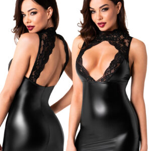 * NOIR handmade Wetlook mini jurkje met kant, F343