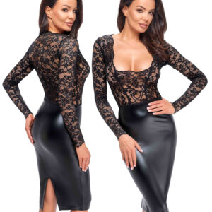 * NOIR handmade Wetlook halflange jurk met kant, F295