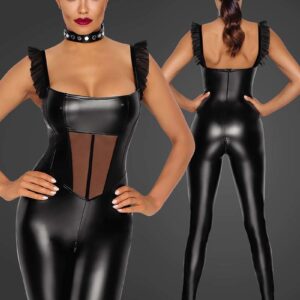 * NOIR handmade Wetlook catsuit met Tule inzet -F256