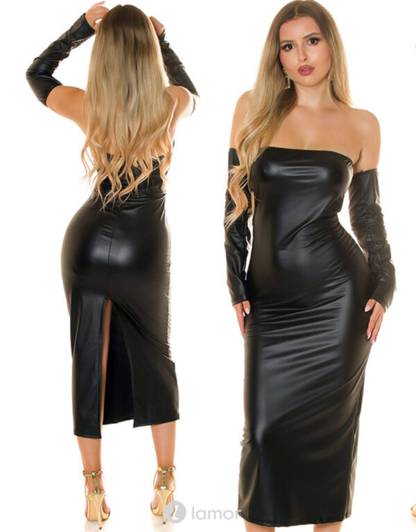 * IS Zwart Strapless lederlook jurk ,IS7044