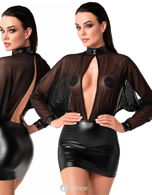 * NOIR handmade Wetlook mini jurkje met tule -F348