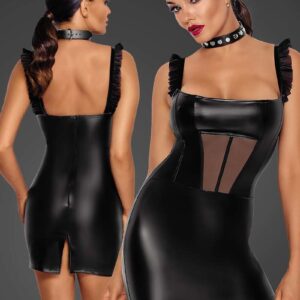 * NOIR handmade Wetlook mini jurk met Tule inzet -F257