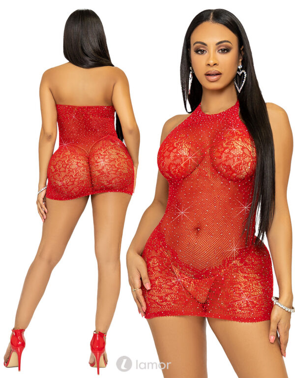 * LEG AVENUE Rood halter mini-jurk bedekt met strass., LAV86134