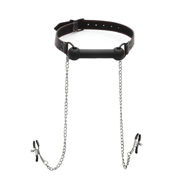 Silicone Bit Gag + Nipple Clamps - Black