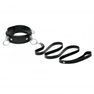 3 Ring Leather Collar with Leash - Black