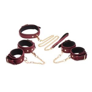 6-delige fluwelen bondageset bordeaux manchetten, halsband & riem
