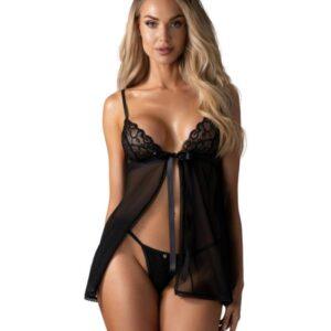 Obsessive - Blomentis Babydoll en String - Zwart